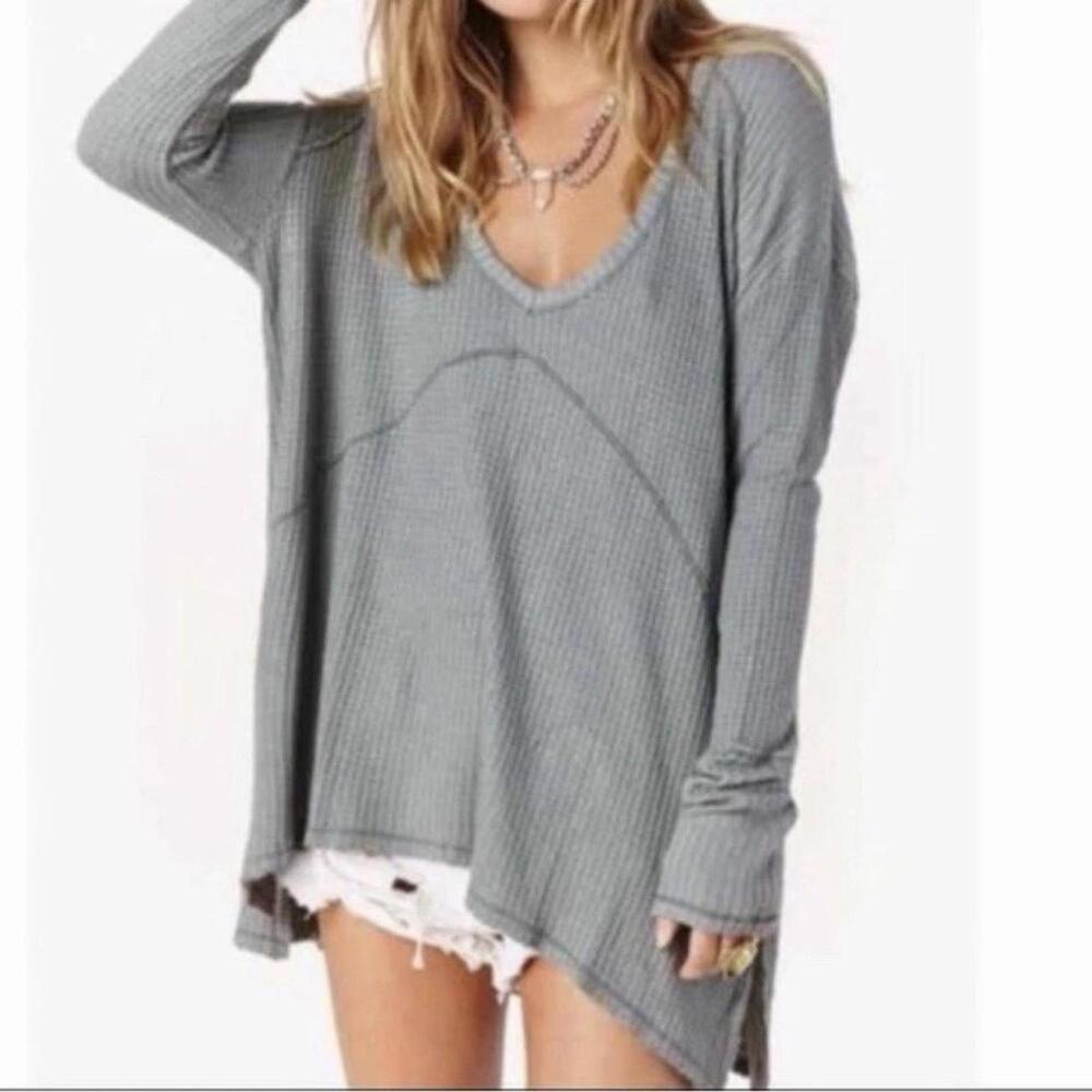 Free People Women's Sunset Park Drippy Thermal Top in Light Gray Size XS boho
